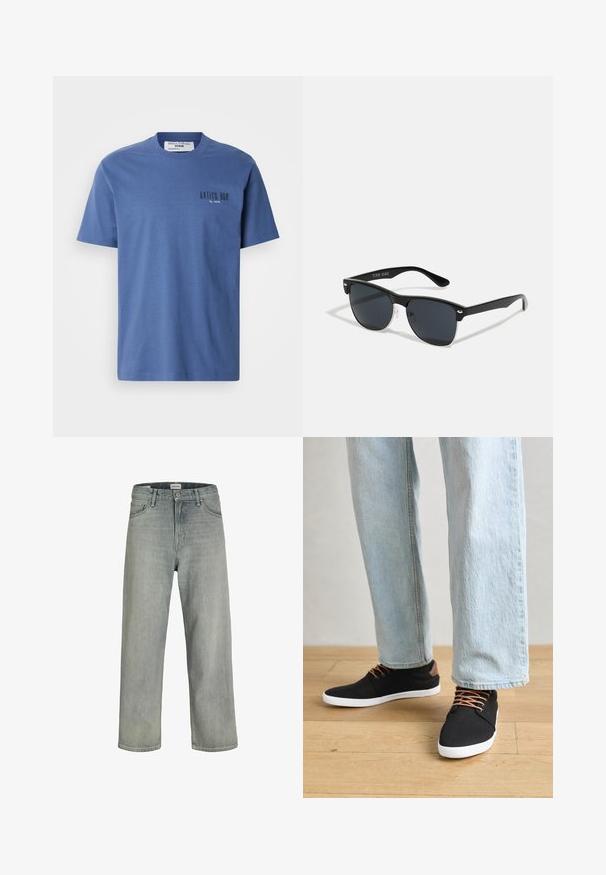 Blå bomull t-skjorte med klassisk rund hals. Har en liten teksttrykk "ANTICO BAR" i svart på venstre bryst. Korte ermer, avslappet passform.; Lys grå, løstsittende jeans laget av denim. Har en klassisk fem-lomme-design, beltehemper og en rett ben-silhuett.; svarte lerrets sneakers med brune aksenter, hvite gummisåler og brune snørebånd, sammen med lyseblå rette jeans. Bakgrunn med tregulv.; Sorte solbriller med rektangulær form, mørke linser, sølvfargede detaljer ved templene, og en matt finish på rammen.