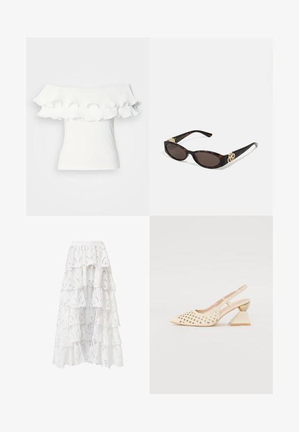 Weißes Off-Shoulder-Oberteil mit plissiertem Rüschenausschnitt, glatter Textur und figurbetontem Schnitt, geeignet für legere Anlässe.; Hofmann Copenhagen EXCLUSIVE GENEVIVE - Top - off white; Weißer Spitzrock mit einer gestuften Gestaltung und gewellten Kanten. Das Material hat ein florales Muster und eine Struktur, die ein geschichtetes Aussehen erzeugt.; Beige Slingback-Schuh mit Perforierung im Obermaterial, spitzer Zehenpartie und einem kontrastierenden dreieckigen Absatz mit einem goldenen Akzent. Insgesamt glatte Textur.; Schildpatt-Sonnenbrille mit länglich-ovalen Gläsern, braunem Farbton, goldenen Logo-Akzenten an den Bügeln und schlanken schwarzen Bügeln.; Weißes Blumenhandtasche mit einer gerafften Stoffoberfläche, goldfarbener Kettenriemen und metallischem Verschluss. Mit strukturierten Blütenblättern für zusätzliche Details.