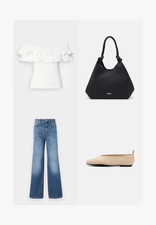 Hvid off-shoulder top med en plisseret flæse ved halsudskæringen, glat tekstur og tætsiddende silhuet, velegnet til hverdag.; Lysblå denim bredbenede jeans med høj talje, der har fem lommer, bæltesløjfer og en subtil falmeffekt mod kanten.; Beige læder balletflade med lav profil, rund tå og sort gummisål, udsmykket med en lille bagkrog for lettere påklædning.; Sort læder tote taske med en struktureret overflade, knyttede håndtagsdetaljer og guldlogo ved bunden. Har en afslappet silhuet.