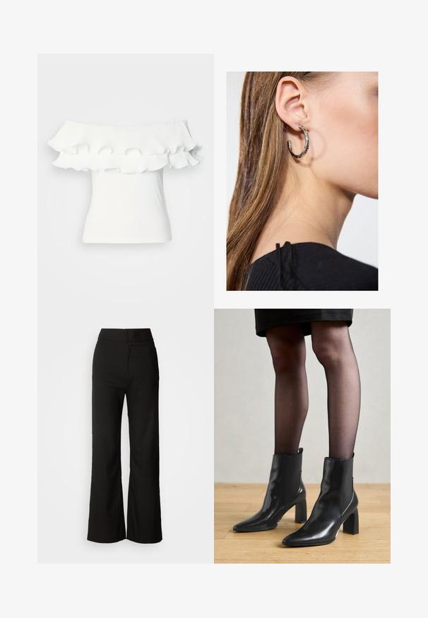 White off-the-shoulder top featuring a pleated ruffle neckline, smooth texture, and fitted silhouette, suitable for casual wear.; Black wide-leg trousers with a smooth texture, high waist, and a clean design. No visible pockets or embellishments.; Black leather ankle boots with a pointed toe, chunky square heel, and sleek design. Features elastic side panels for easy wear.; Silver hoop earring with a polished finish, featuring small gold accent details and a round shape, worn on the lobe.