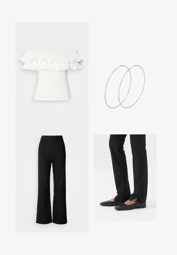 Balti off-the-shoulder marškiniai su klostuotu raukšlėtu apykakle, lygaus paviršiaus ir prigludusia siluetu, tinkami kasdieniam dėvėjimui.; Juodos plačios kelnės su lygiu paviršiumi, aukšta liemeni, ir švariu dizainu. Nėra matomų kišenių ar papuošimų.; Juodų odinių balerinų batų su smailiu priekiu, juostele su sidabro sagtimi, derinami su juodomis pritaikytomis kelnėmis, turinčiomis plyšinį hemą.; Sidabrinės pusmėnulio auskarai minimalistiniu dizainu. Apskritimo forma, lygus paviršius ir plonas profilis. Lengvi su poliruotu apdailu.