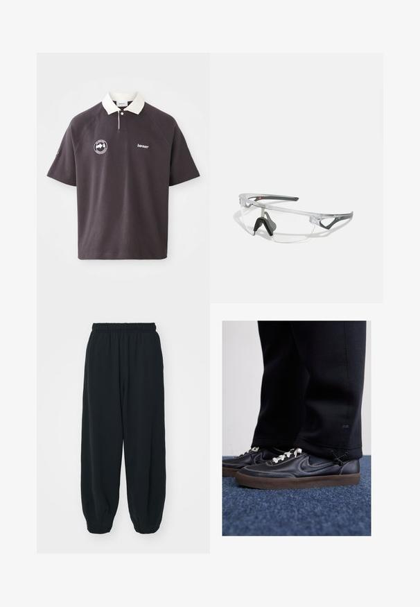 Mørkegrå polo skjorte med hvit krage, brodert logo på brystet og korte raglan ermer. Laget av mykt materiale.; Sorte, joggebukser med elastisk liv, løs passform, mansjetter på ankler, glatt tekstur og uten synlige mønstre eller hardware-detaljer.; Nike Sportswear KILLSHOT 2 LTR PRM OPP2 - Joggesko - black sail baroque brown mtlc dk grey; Klare sikkerhetsbriller med en lett, gjennomsiktig ramme og grå detaljer. Har en innpakket design og justerbar nesestykke.
