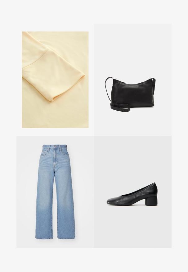Világos bézs szövet, hajtott ujjakkal, sima textúrával és puha megjelenéssel, kiemelve egyszerűségét és eleganciáját.; Világoskék, magas derekú, bő szárú farmernadrág, elülső gombbal és cipzárral, elülső és hátsó zsebekkel, fehér háttérrel.; Fekete bőr magassarkú cipő, lekerekített orral és közepes blokk sarkú. Simább textúrájú, minimális díszítéssel, finom elasztikus nyílással.; Fekete bőr válltáska sima felülettel, ívelt formával, állítható pánttal és cipzáras záródással. Minimalista dizájn díszítmények nélkül.