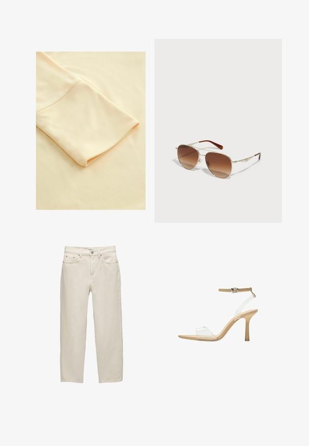 Svijetlosmeđi materijal s preklopljenim rukavom, koji prikazuje glatku teksturu i mekan izgled, ističući svoju jednostavnost i eleganciju.; Bijele traperice od denima s opuštenim krojem, s ravnim nogavicama, dizajnom s pet džepova i metalnim detaljima s suptilnom teksturom.; Sandal s prozirnim potplatom i prozirnim gornjim dijelom, bež uloškom i tankim remenom oko gležnja. Ima špicasti vrh i tanak visoki potplat.; Sunčane naočale s okvirom od zlatnog metala i smeškim lećama u gradijentu smeđe boje. Karakteriše ih jedinstveni geometrijski oblik i smeđi naglasci na drškama. Lagani dizajn.; Bež kožna torba jedinstvenog oblika, s dva kratka ručka i dugom podesivom trakom. Glatka tekstura s minimalnim metalnim dodacima.