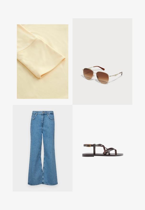 Kangas vaaleanbeige, jossa on taitettu hiha, esittelee sileää pintaa ja pehmeää ilmettä, korostaen sen yksinkertaisuutta ja eleganssia.; Vaaleansiniset leveälahkeiset farkut, joissa on korkea vyötärö, viisi taskua ja yksi napin sulkeminen. Pehmeä pinta, jossa on haalistunut viimeistely.; Ruske kožne sandale s križnim trakama, zatvaranjem na kopču oko gležnja i ravnim potplatom s minimalnim detaljima šivanja.; Kultaiset metallikehyksiset aurinkolasit, joissa on gradienttiset ruskeat linssit. Ominaisena on ainutlaatuinen geometrinen muoto ja ruskeat yksityiskohdat varsissa. Kevyt muotoilu.; Ruskea nahkalaukku, jossa on pyöreä muoto, hopeiset yksityiskohdat ja koristeompeleet. Varustettu olkahihnalla ja suljettavalla laskentateknologialla.