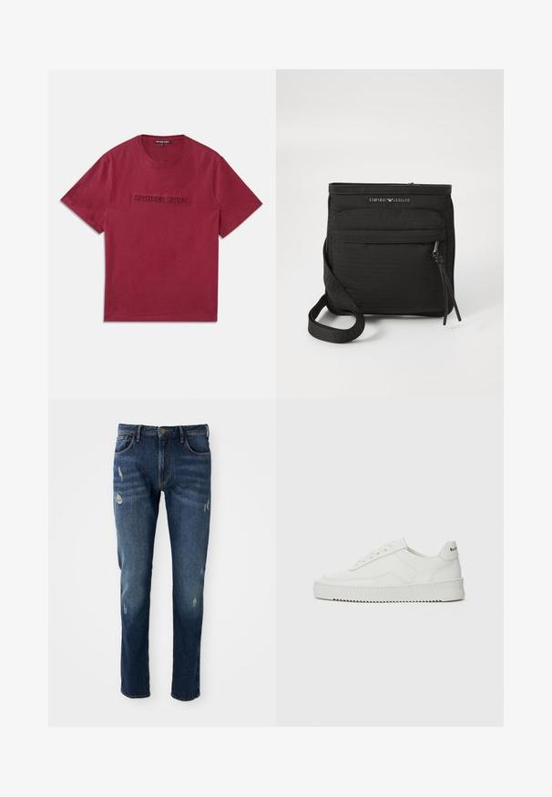 Burgunderfarbene Baumwoll-T-Shirt mit Rundhalsausschnitt und einem erhabenen, geprägten "MICHAEL KORS"-Logo auf der Vorderseite. Kurze Ärmel, schlichtes Design.; Dunkelblaue Jeans aus Denim mit slim fit, leichten Abnutzungen an den Oberschenkeln und Knien, klassischem Fünf-Taschen-Design und Knopfverschluss.; Weiße Ledersneaker mit glatter Oberfläche, runder Zehenpartie, flachen Schnürsenkeln und strukturiertem Sohlenprofil. Mit einem dezenten Logo an der Ferse.; Schwarze Emporio Armani Umhngetasche mit vorderer Reißverschlusstasche, verstellbarem Trageriemen und Logodetail auf strukturiertem Stoff.