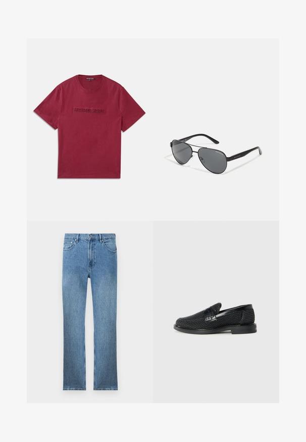 Μπορντό βαμβακερό μπλουζάκι με λαιμόκοψη σε στυλ crew και ανάγλυφο λογότυπο "MICHAEL KORS" στο μπροστινό μέρος. Κοντά μανίκια, απλός σχεδιασμός.; Ανοιχτό μπλε τζιν παντελόνι με ίσια γραμμή, πέντε τσέπες, φερμουάρ και αντίθετη ραφή. Το ύφασμα έχει ομαλή, υφασμάτινη υφή.; Μαύρο πλεκτό παπούτσι slip-on με λείο δερμάτινο στοιχείο στο άνω μέρος, στρογγυλή μύτη και χαμηλό καουτσούκ πάτο.; Μαύρα αεροπορικά γυαλιά ηλίου με σκούρους φακούς, λεπτό μεταλλικό σκελετό και λεπτούς πλαστικούς βραχίονες με λογότυπα.
