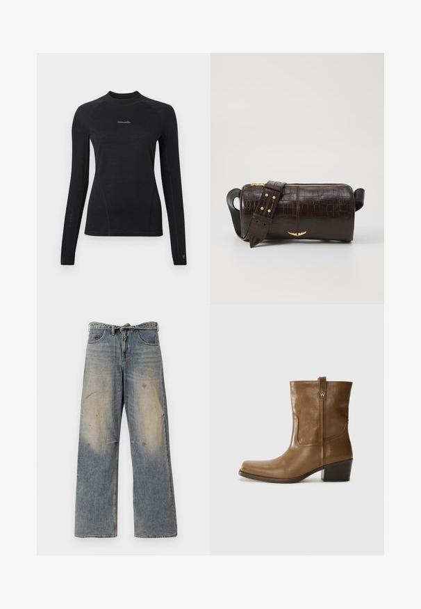 Schwarzes, langärmeliges, eng anliegendes Shirt mit rundem Halsausschnitt und "Woolxweiler"-Logo in der Mitte der Brust.; Helle blaue Denim-Jeans mit einem lockeren, geraden Schnitt. Verfügt über Ausbleichungen, Verwaschungen und abgenutzte Details an den Knien. Klassisches Fünf-Taschen-Design.; Braune Leder-Ankle-Boots mit quadratischer Zehenform, strukturiertem Finish und niedrigem, gestapeltem Absatz. Ausgestattet mit einer Zuglasche auf der Rückseite und dezenten Stickdetails.; Braune, krokodilgeprägte Lederhandtasche mit zylindrischer Form, goldfarbener Hardware und einem abnehmbaren Tragegurt mit Nieten.