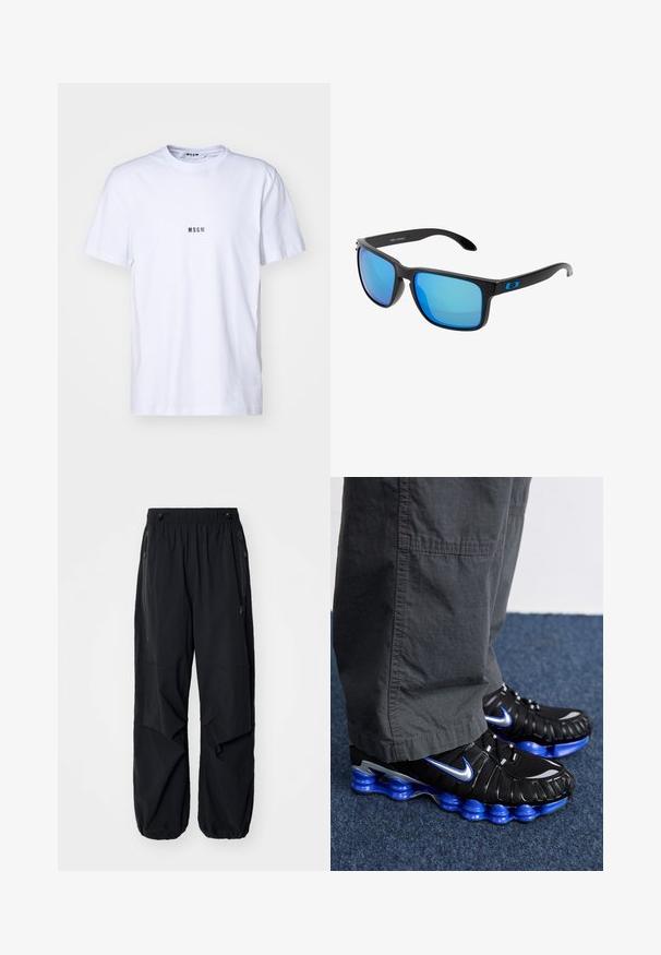 Valge puuvillane T-särk ümmarguse kaelusega, lühikeste varrukatega ja väikese musta "MSGM" logoga trükituna ees. Sile tekstuur.; Mustad mustad cargo püksid elastse vöökoha, külgzippide ja avarate taskutega. Omab laia lõiget ja kitsenevaid sääreotsasid.; Mustad mustreeritud mustad jooksujalanõud siniste ja hõbedaste aktsentidega, millel on tekstureeritud ülemine osa, julge talla disain ja nööbistamissüsteem. Asetatud sinisele vaibale.; Stiilsed mustad prillid siniste peegeldavate läätsedega, ruudukujuliste raamidega ja sinise aktsendiga templil. Valmistatud kergest plastmaterjalist.