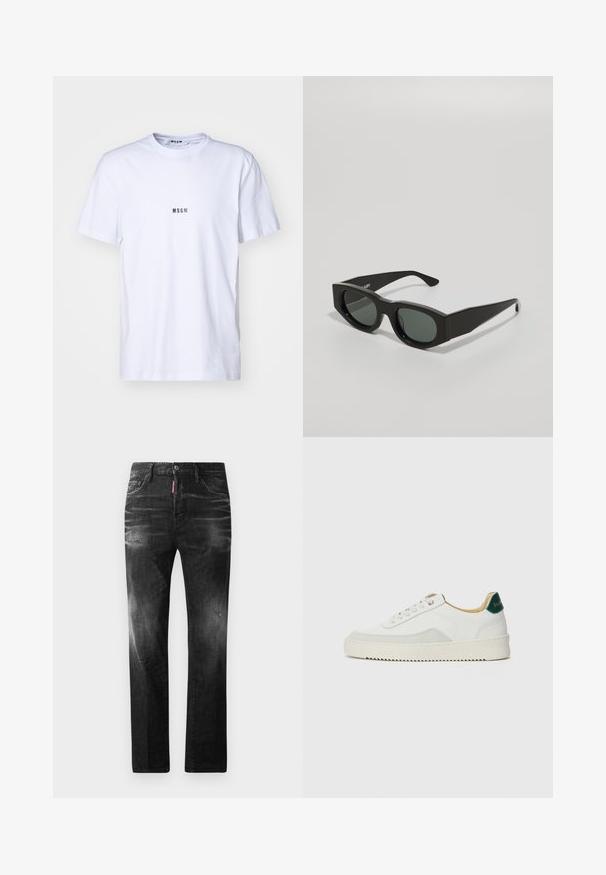 White cotton t-shirt with a round neckline, short sleeves, and a small black "MSGM" logo printed on the front. Smooth texture.; Black denim jeans with a straight fit. Features faded areas, minor distressing, classic five-pocket design, and a button closure.; White sneaker with suede accents, rounded toe, flat laces, and a cream rubber sole. Features green branding on the heel.; Black rectangular sunglasses with green tinted lenses, thick frames, and flat temples featuring a smooth plastic texture.