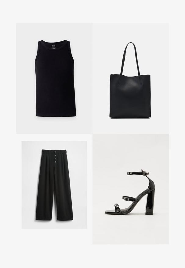 Fekete bordás trikó, kerek nyakkal és ujjatlan dizájnnal. Puhaszálas pamut keverékből készült, a hátsó középen címkével.; Texturált anyagból készült széles lábú fekete nadrág. Magas derekú, öt gombos elülső záródással és a részleteket kiemelő pliszézett betétekkel rendelkezik.; Fekete lakk magas sarkú szandál négyzet alakú orral, bokapántokkal és ezüst csatokat tartalmaz. Masszív blokk sarka a stabilitásért felel.; Fekete bőrtáska sima felszínnel, téglalap alakú, két hosszú füllel. Nincs látható fémkiegészítő vagy díszítés.