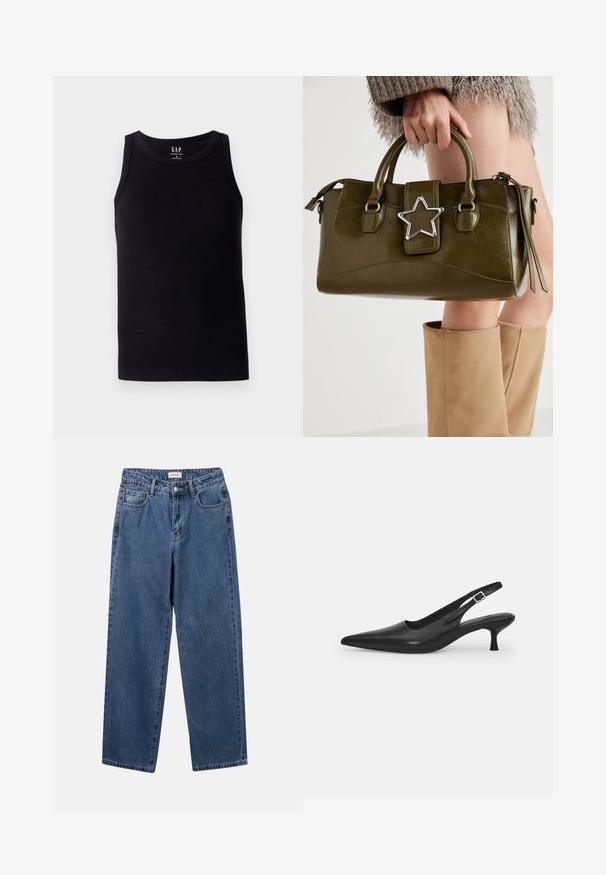 Black ribbed tank top with a round neckline and sleeveless design. Made from a soft cotton blend, featuring a label at the center back.; Classic blue denim jeans with a straight-leg design, five pockets, and a button closure. Features a medium wash and sturdy texture.; Black leather slingback shoe with a pointed toe and a slim, curved heel. Features a discrete adjustable strap with a metal buckle.; Olive green faux leather handbag with silver star accent, dual handles, and a zip closure. Textured surface and structured shape.