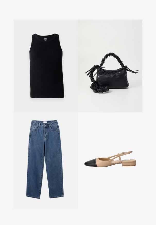 Top senza maniche a costine nere con scollatura tonda. Realizzato in un morbido mix di cotone, presenta un'etichetta al centro della schiena.; Jeans in denim blu classico con design a gamba dritta, cinque tasche e chiusura con bottone. Presentano un lavaggio medio e una trama robusta.; Scarpa slingback bicolore beige e nera con punta affilata, tacco piatto e dettaglio a fascia incrociata. Texture in pelle liscia.; Borsa a tracolla in ecopelle nera con texture a coccodrillo, apertura cinchata e tracolla arricciata. Si presenta con un design morbido e compatto.