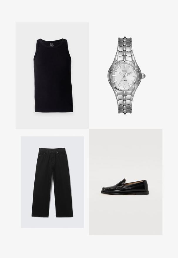 Schwarzes, geripptes Tanktop mit rundem Halsausschnitt und ärmellosem Design. Hergestellt aus einem weichen Baumwoll-Mix, mit einem Etikett in der Mitte des Rückens.; Schwarze weit geschnittene Jeanshose aus Denim, ausgestattet mit einem klassischen Fünf-Taschen-Design und einem strukturierten Taillenbund mit Gürtelschlaufen.; Schwarze Lederlofer mit runder Zehenform, dekorativer Naht und flacher Sohle. Glatte Textur und minimalistisches Design.; Silberner Edelstahl-Uhr mit einem strukturierten Armband und rundem Zifferblatt. Verfügt über ein weißes Zifferblatt, schwarze Stundenmarkierungen und eine Krone an der Seite.