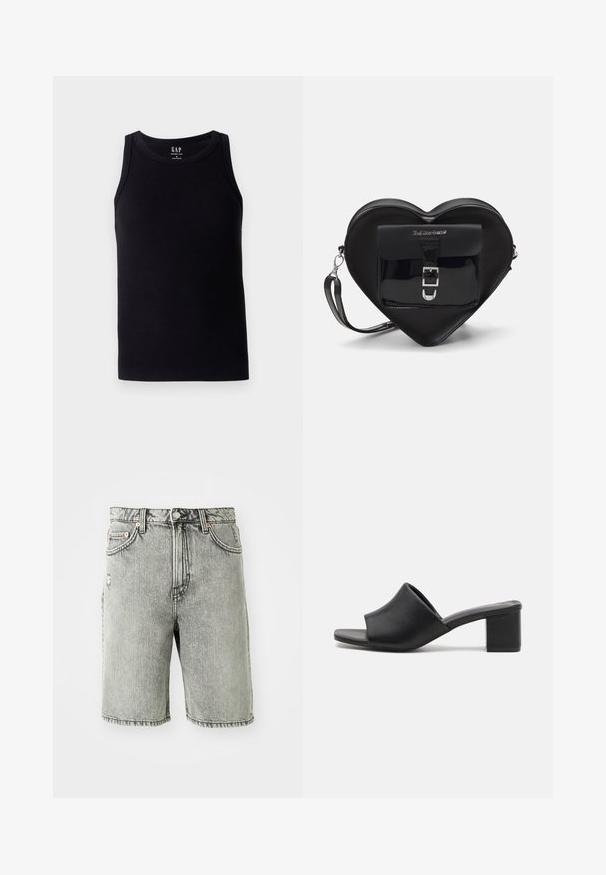 Black ribbed tank top with a round neckline and sleeveless design. Made from a soft cotton blend, featuring a label at the center back.; Gray denim shorts featuring a classic five-pocket design, a faded finish, and stitched detailing at the hem and waistband.; Black leather block-heeled mules with an open toe, featuring a smooth surface and slightly curved upper for comfort and style.; Black heart-shaped bag made of patent leather with a front pocket featuring a buckle closure and a detachable strap. Silver hardware accents.