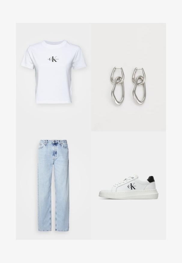 Bílé bavlněné tričko s kulatým výstřihem a krátkými rukávy. Na přední straně se nachází černá grafická značka "CK" a "Calvin Klein Jeans" umístěná uprostřed.; Světle modré široké džíny z denimu, s vysokým pasem, výrazně vybledlým odstínem a decentním vzorem tie-dye na přední straně.; Bílé nízké tenisky s černým patním tabem, platformovou podrážkou, tkaničkami a logem Calvin Klein "CK" na boku.; Calvin Klein STATEMENT LINKS - Náušnice - silver-coloured