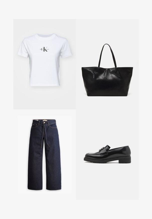 Balta kokvilnas T-kreklu ar apaļu kakla izgriezumu un īsām piedurknēm. Uz priekšu centrā ir melns grafiskais logo "CK" un "Calvin Klein Jeans".; Plati zili džinsi ar augstu jostasvietu, ar šnaukaša saišu, piecām kabatām un kontrastējošiem šuvju akcentiem.; Melnas pulētas ādas loafer kurpes ar zemu bloku papēdi, ar izšūtu purngalu un metāla sprādzi augšpusē, parādītas sāna profilā uz balta fona.; Melnā austā iepirkumu soma ar divām stiprām rokturiem, kas izceļas ar spīdīgu virsmu un plašu atvērtu augšdaļu.