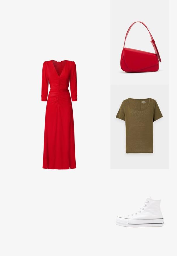 GAP BLEND SCOOP - Pamata T-krekls - dark olive; Sarkana kleita ar V veida kakla izgriezumu, trīs ceturtdaļu piedurknēm un ruched detaļām viduklī un mugurā. Audums izskatās gluds un viegls.; Balti augstie kanvas sporta apavi ar melnu gumijas zoli, priekšējo gumijas purngalu un sešām acīm lencēm, kuriem ir tīrs, minimālistisks dizains.; Sarkans ādas rokassomi ar stūrainu, ģeometrisku dizainu. Iekļauj vienu regulējamu siksnu un vāku ar izšūtu detaļu.