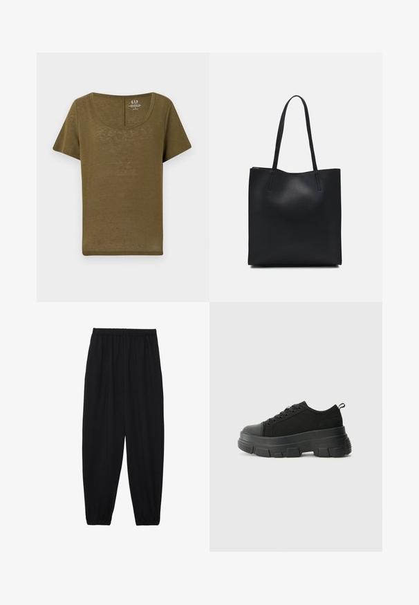 GAP BLEND SCOOP - Základné tričko - dark olive; Čierne, ľahké nohavice s elastickým pásom a zúženými nohavicami. Tkanina je hladká a má voľný, zúžený strih.; Čierne tenisky s masívnou gumovou podrážkou, textúrovaným textilným zvrškom, okrúhlou špičkou a šnurovaním. Obsahujú spevnené očká a zadný úchop.; Čierna kožená taška na rameno s hladkým povrchom, obdĺžnikovým tvarom a dvoma dlhými uchami. Bez viditeľného kovania alebo ozdôb.