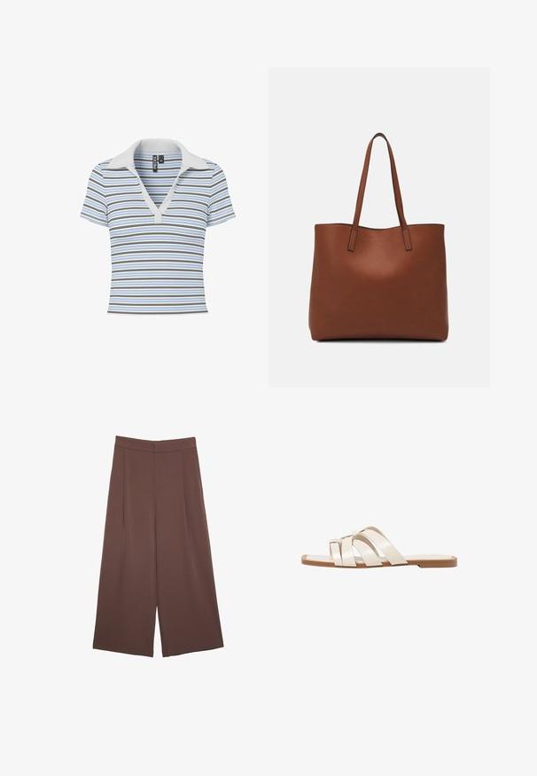 Kortsleeve polo topp i ljusblått med horisontella ränder i varierande bredder. Har en mjuk, ljusgrå krage och en djup V-ringning.; Bruna vida byxor med en slät textur, som har hög midja och framfickor. Tyget är lätt och flödar löst.; Platta sandaler med en brun gummisula, designade med tre överlappande vita läderspännen och en liten rosett i mitten.; Brun läder tote-väska med en slät textur, öppen toppdesign och två axelremmar. Har minimal söm och ingen synlig metalldetalj.