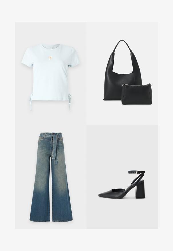 Hele sinine puuvillane T-särk lühikeste varrukatega, küljepeo sõlmedega ning tikandiga karikakra kujutisega, mille all on sõna "Naerata".; Laiad denimpüksid, millel on hele tume sinine gradiendiefekt, kõrge vöökoht, vöökumlid ja sobivast kangast vöö. Struktureeritud denimi viimistlus.; Mustmustest must-käigukingad, millel on konksuga nöör ja paks konts. Ühtlane tekstuur, stiilne disain ja minimalistlik esteetika.; Even&Odd Käekott - black