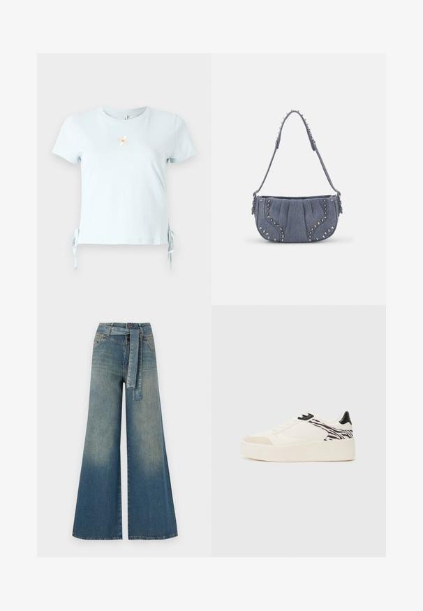 Svetlomodré bavlnené tričko s krátkymi rukávmi, bočnými viazaniami a vyšívaným dizajnom sedmikrásky so slovom "Usmej sa" pod ním.; Džínsy s širokými nohavicami, ktoré majú prechod od svetlomodrej po tmavomodrú, vysoký pás, pútka na opasok a opasok z rovnakého materiálu. Textúrovaný denimový povrch.; Even&Odd Tenisky - white/black; Džínsová taška cez plece s plisovaným dizajnom, modrej farby, so striebornými cvočkami pozdĺž okrajov a textúrovaným popruhom.
