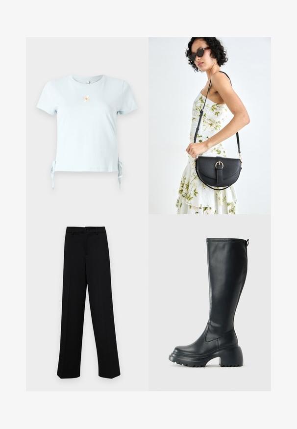 Light blue cotton t-shirt with short sleeves, side ties, and an embroidered daisy design with the word "Smile" below it.; Black wide-leg trousers made of smooth fabric, featuring a classic waistband with a button closure and front pleats.; Tall black leather boot with chunky platform sole and block heel, featuring pull tab and textured tread on outsole.; Black leather handbag with a curved shape, detachable strap, and gold hardware. The bag features a flap with a buckle detail.