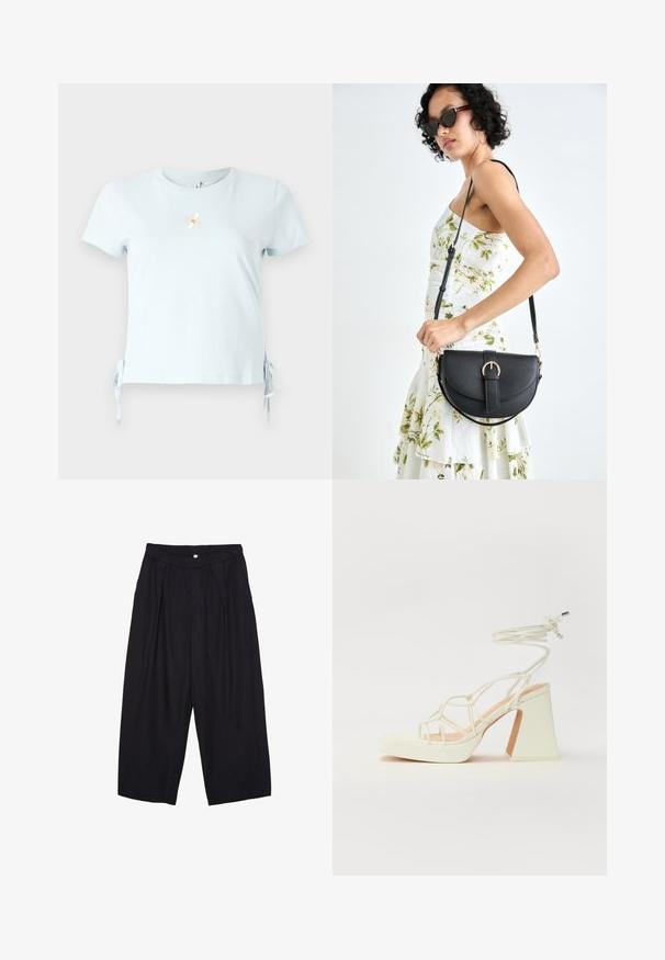 Světle modré bavlněné tričko s krátkými rukávy, bočními šňůrkami a vyšitým designem sedmikrásky se slovem "Úsměv" pod ním.; Černé polyesterové culotte kalhoty s elastickým pasem, dvěma předními sklady a volným siluetou. Žádné viditelné vzory ani kovové detaily.; Bílé sandály na vysokém podpatku s robustním podpatkem, s designem s pásky a zavazováním kolem kotníku. Hladký povrch s platformou vpředu pro zvýšení výšky.; Černá kožená kabelka s křivkovým tvarem, odnímatelným popruhem a zlatými detaily. Kabelka má klopu s přezkou.