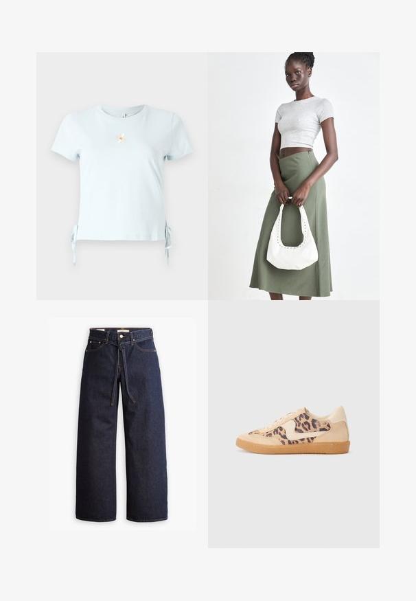 Šviesiai mėlynas medvilninis marškinėlis trumpomis rankovėmis, su šoninėmis rišimo detalėmis ir išsiuvinėtu ramunių raštu, po kuriuo užrašyta "Šypsokis".; Plačios kojų tamsiai mėlynos džinsinės kelnės su aukštu liemeniu, turinčios raištį, penkias kišenes ir kontrastingas siūles.; Leopardų rašto sportiniai batai su smėlio spalvos zomšiniu viršumi, rusvu guminiu padu ir baltais akcentais. Apvalus nosis ir raištelių užsegimas su tekstūruotu paviršiumi.; Pilka juostuota trumpa palaidinė ir alyvuogių žalios spalvos aukšto liemens sijonas. Modelis laiko baltą petį krepšį su išpjovomis. Paprastas dizainas, prigludusi siluetas.