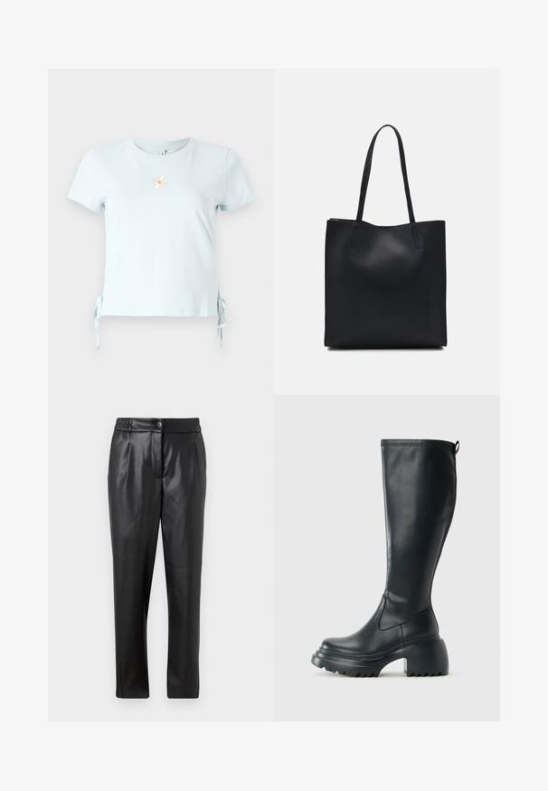 Lyseblå bomull t-skjorte med korte ermer, sidesløyfer og en brodert prestekrage-design med ordet "Smile" nedenfor.; Sorte skinnbukser med en glatt tekstur, rett passform, elastisk liv, og frontknappelukking; plisserte detaljer og smale ben.; Høy svart lærstøvel med chunky plattformsåle og blokkhelt, med trekkstang og teksturert mønster på yttersålen.; Svart lær tote bag med glatt tekstur, rektangulær form og to lange håndtak. Ingen synlige deler eller dekorasjoner.