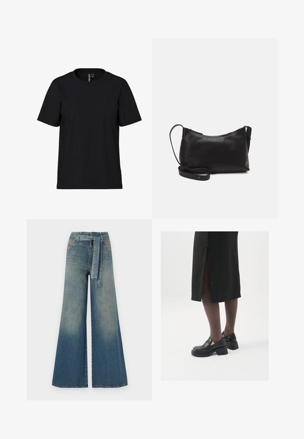 Juodas trumpomis rankovėmis T-shirt, pagamintas iš minkštos medžiagos, su apvaliu kaklu. Paprastas dizainas be raštų ar akcentų, tiesus apykaklė.; Platus džinsinis kelnes su šviesiai tamsiai mėlynu gradientu, aukštu juosmeniu, diržo kilpomis ir atitinkančiu audinio diržu. Textūruotas džinsinis paviršius.; Juodos odinės bateliai su apvaliu nosiu, stora blokine pakulne ir elastingais šonais, derinami su tamsiomis pėdkelnėmis ir juoda sijonu su plyšiu.; Juodas odinis petinis krepšys su lygiu paviršiumi, išlenkta forma, reguliuojama dirželiu ir užtrauktuku. Minimalistinis dizainas be puošmenų.