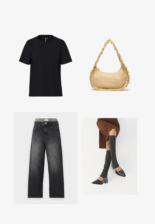 Svart kortermet T-skjorte laget av myk stoff med rund hals. Enkel design uten mønstre eller detaljer, rett kutt i kanten.; Sorte denim bukser med vide ben og et houndstooth-mønstret taljebånd. Funktioner inkluderer forlommer og knappelukning. Slidt tekstur.; Sorte lakkpumps med spiss tå, blokkhel, og ankelstropp, kombinert med grå ribbestrikkede beinvarmere og et brunt semsket skinn skjørt.; Teksturet beige veske med avrundet form, frynsete kant langs kantene, og en kort stropp for bæring. Glidelåsåpning på toppen.