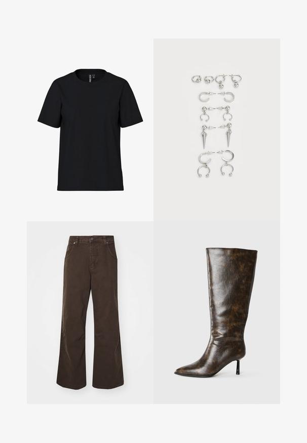 Tricou negru cu mânecă scurtă, din material moale, cu gât rotund. Design simplu, fără modele sau accente, tăietură dreaptă la tiv.; Pantaloni largi maro din bumbac, cu talie înaltă, buzunare frontale și o textură fină. Detaliile de finisare includ cusături subtile.; Botă din piele maro, uzată, până la genunchi, cu vârf ascuțit și toc subțire stiletto pe un fundal alb.; Set de cercei din argint cu diverse modele: cercei rotunzi, cercei tip pandantiv și cercei cu aplicări, cu elemente sferice și ascuțite.