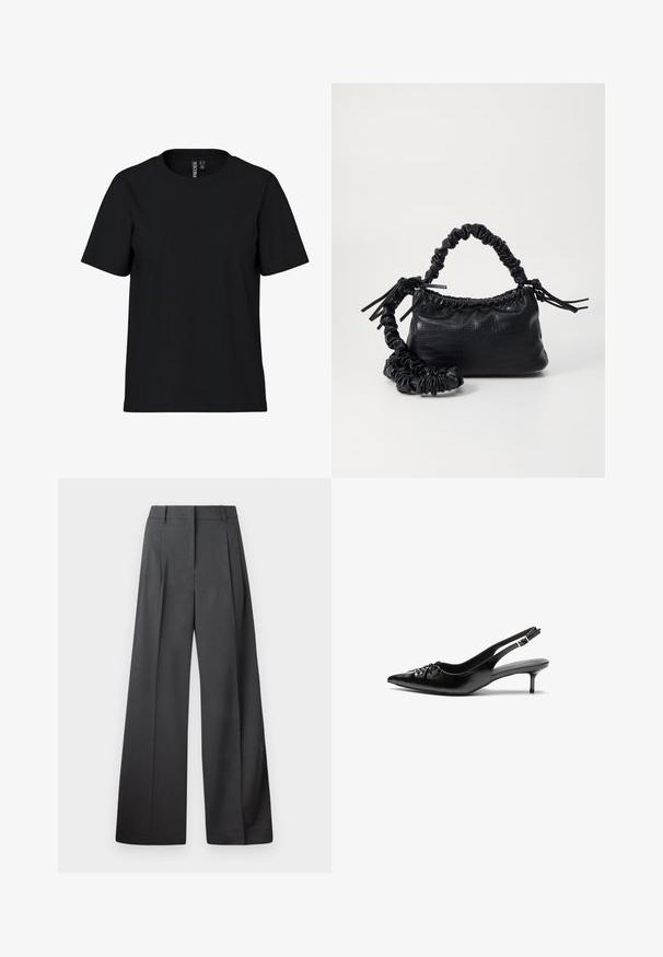 Svart kortermet T-skjorte laget av myk stoff med rund hals. Enkel design uten mønstre eller detaljer, rett kutt i kanten.; Vide bukser i mørkegrått stoff med høy livlinje, enkel press, og en glatt tekstur med en ren finish på ermekantene.; Sorte skinnert remsandaler med spiss tå, liten kittenhæl og en dekorativ knute detalj foran. Glatt tekstur gjennom hele.; Svart faux skinn-håndveske med krokodilletekstur, strammet topp og en rynket stropp. Ser myk og kompakt ut i designen.