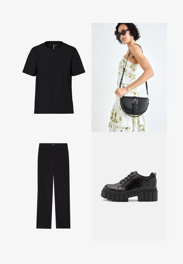Črna kratkodlaka majica s kratkimi rokavi, izdelana iz mehkega blaga in z okroglim izrezom. Enostaven dizajn brez vzorcev ali dodatkov, ravna kroj na robu.; Črne kordurojske hlače ravnega kroja z ravnim pasom in brez vidnih žepov, gladke teksture ter z vertikalnimi rebrastimi detajli.; Črne usnjene platforme z debelim blokastim petam, okroglo konico in klasičnim vezanjem. Imajo gladko teksturo in minimalne podrobnosti.; Črna usnjena torbica s ukrivljeno obliko, z odstranljivo naramnico in zlatimi dodatki. Torbica ima pokrov s podrobnostmi v obliki zaponke.