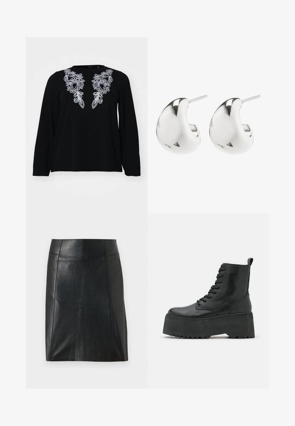 Melnas garām piedurknēm krekls ar smalku sudraba izšuvumu ap kakla izgriezumu. Mīksta tekstūra, brīvs piegriezums un vienkārša apaļa kakla izgriezuma dizaina.; Melnas ādas svārki ar pieguļošu dizainu. Gluda tekstūra, šuves izceļ formu un taisna apakšmalu. Minimālistiska un eleganta izskata.; Melni potītes zābaki ar masīvu platformu, izgatavoti no gludas ādas, ar šņorēšanas dizainu un cilpu aizmugurē.; Sudraba auskari ar gludu, izliekta dizaina. Tie ir ar pulētu apdari un ir aprīkoti ar aizdari, kas nodrošina drošu valkāšanu.