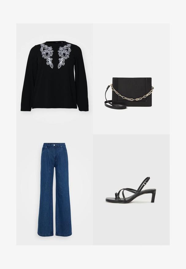 Must värviline pikkade varrukatega särk, millel on keeruline hõbedane tikand kaela ümber. Pehme tekstuur, mugav lõige ja lihtne meeskonna kaelus.; Hallise jalgadega sinised denim püksid kõrge vöökohaga, ees nupuga ja tõmbluku sulguri ning ees ja taga taskutega, lihtsa tausta ees.; Mustast rihmajalatsid ruudukujulise varba ja madala ploki kontsaga. Omab mitmeid õhukesi rihmasid ja reguleeritavat pahkluu rihma. Valmistatud siledast nahast.; Mustast nahast õlakott, mis omab siledat tekstuuri, ristküliku kuju ning esiküljel metallketi detaili. Reguleeritav rihm on kaasas.; Hõbedane kahekordne rõngas sujuva, poleeritud pinnaga. Omab voolavat, kõverat disaini, millel on kattuvad sektsioonid, et saavutada kaasaegne ilme.