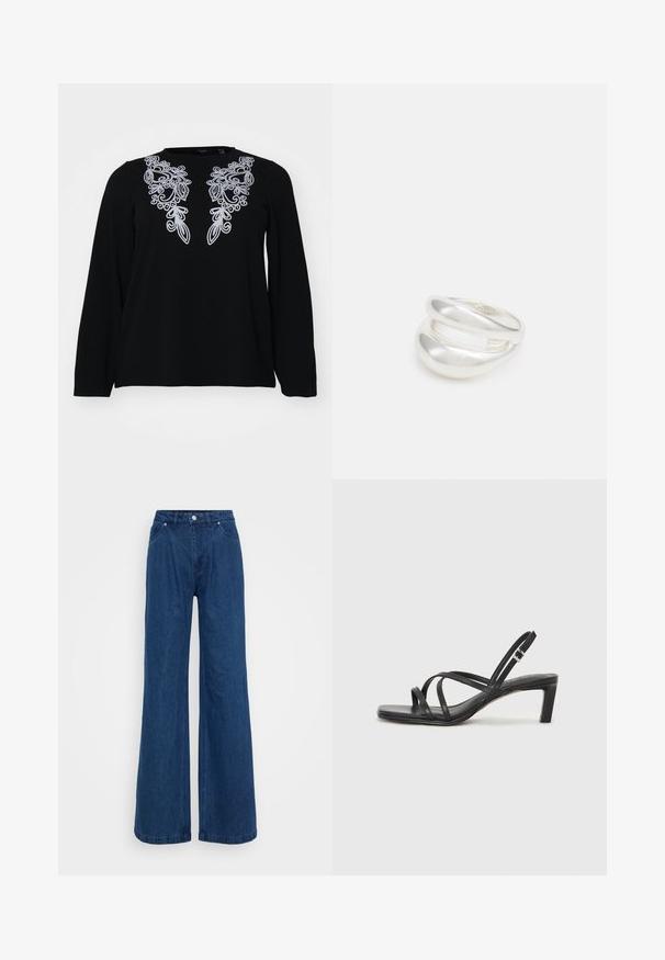 Sort langærmet skjorte med intrikat sølvbroderi omkring halsudskæringen. Blød tekstur, afslappet pasform og enkelt rund hals design.; Bredbenede blå denimjeans med høj talje, frontknap og lynlås lukning, samt for- og baglommer på en ensfarvet baggrund.; Sort remsandale med firkantet tå og en lav blokeret hæl. Har flere tynde stropper og en justerbar ankelrem. Fremstillet af glat læder.; Sølvring med dobbeltbånd og en glat, poleret overflade. Den har et flydende, buet design med overlappende sektioner for et moderne udtryk.