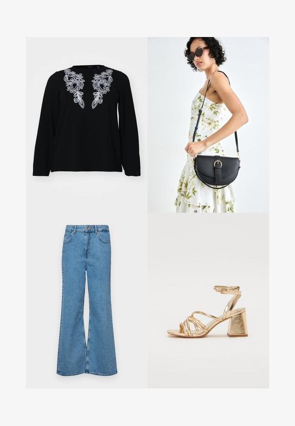 Cămașă neagră cu mânecă lungă, cu broderie complicată din argint în jurul gâtului. Textură moale, croială lejeră și design simplu cu guler rotund.; Jeanși evazați de culoare albastru deschis, din denim, cu talie înaltă, cinci buzunare și închidere cu un singur buton. Textură moale cu un finisaj decolorat.; Sandale cu toc metalice aurii, având un design cu barete, toc pătrat și curea ajustabilă la gleznă cu cataramă. Textură netedă.; Geantă din piele neagră, cu o formă curbată, curea detașabilă și accesorii aurii. Geanta are un capac cu un detaliu tip cataramă.