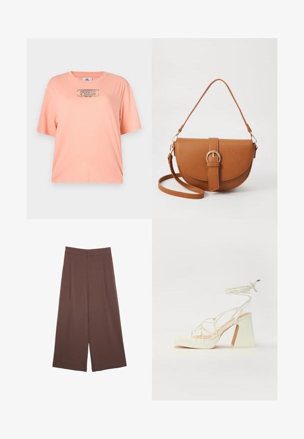 Persikkavärinen, lyhythihainen T-paita, joka on valmistettu pehmeästä kankaasta. Edessä on graafinen painatus, jossa on "O'Neill"-logo. Rentoa istuvuutta.; Ruskeat leveälahkeiset housut, joissa on sileä pinta, korkea vyötärö ja etupleat. Kangas on kevyttä ja laskeutuu väljänä.; Valkoinen korkokenkä, jossa on paksu korko, ja joka sisältää nauhakiinnityksen ja nilkkaketjun. Sujuva pinta, jossa on platform-etupohja lisäkorkeutta varten.; Ruskean nahkainen olkalaukku, jossa on kaareva muoto, kultaiset yksityiskohdat ja solkiyksityiskohta. Varustettu irrotettavalla olkahihnalla.