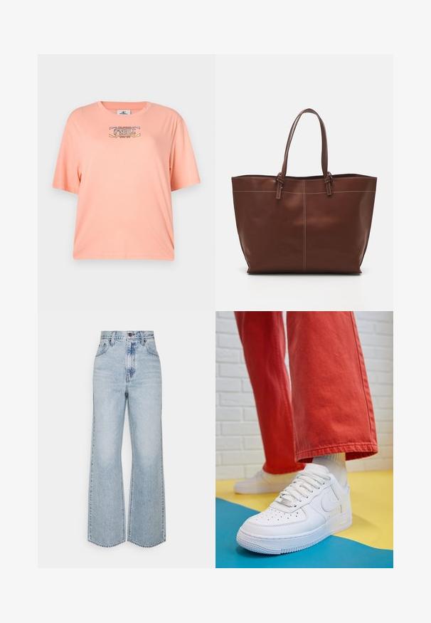Peachfarvet kortærmet T-shirt lavet af blødt stof. Har et grafisk tryk med "O'Neill" logoet på forsiden. Løs pasform.; Lysblå denim brede ben jeans med høj talje, klassisk fem-lomme design og kontrasterende syninger. Uslebne kanter i bunden.; Hvide lædersneakers med perforeret tå-kasse, tekstureret sål og hvide snørebånd, parret med brede røde bukser og en blå-gul baggrund.; Brun læder tote taske med dobbelt håndtag, har kontraststing og et rummeligt design, velegnet til daglig brug.
