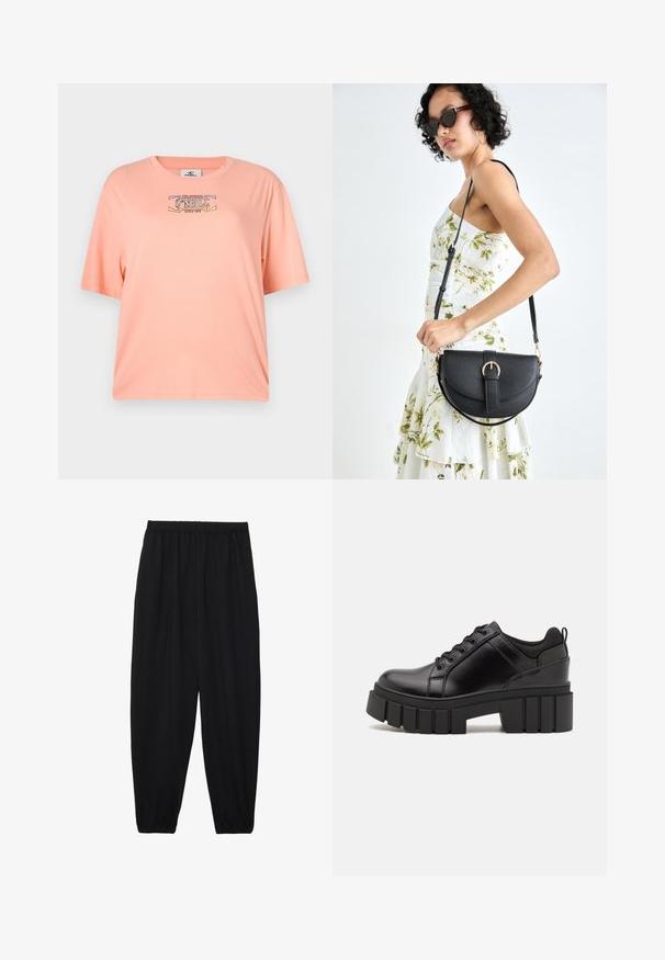 Peach-colored, short-sleeved T-shirt made of soft fabric. Features a graphic print with "O'Neill" logo on the front. Relaxed fit.; Black, lightweight pants with an elastic waistband and gathered ankles. The fabric is smooth and features a relaxed, tapered design.; Black leather platform shoes with a chunky block heel, round toe, and traditional lace-up design. Features smooth texture and minimal detailing.; Black leather handbag with a curved shape, detachable strap, and gold hardware. The bag features a flap with a buckle detail.