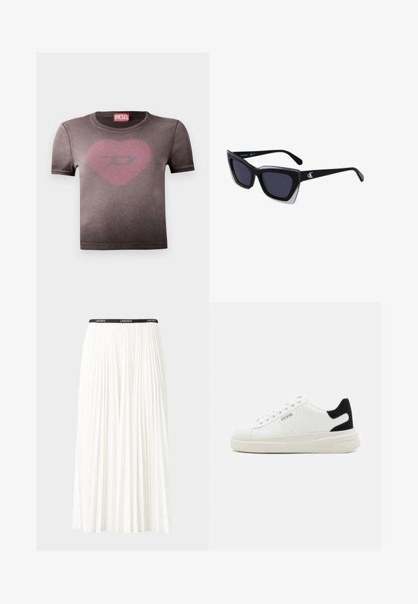 Γκρι κοντομάνικο T-shirt με στρογγυλή λαιμόκοψη, που διαθέτει ένα ξεθωριασμένο ροζ γραφικό καρδιάς και ένα λογότυπο στο κέντρο. Φτιαγμένο από μαλακό βαμβακερό ύφασμα.; Κοντή πλισέ λευκή φούστα με μαύρη ελαστική ζώνη που φέρει το λογότυπο "LACOSTE". Σχεδίαση μεσαίου μήκους με μαλακή υφή.; Λευκά δερμάτινα αθλητικά παπούτσια με χοντρή λευκή σόλα, μαύρη σουέτ λεπτομέρεια στην φτέρνα και ανάγλυφο λογότυπο στο πλάι. Σχέδιο με κορδόνια και έξι θηλιές.; Μαύρα υπερμεγέθη γυαλιά ηλίου με γεωμετρικό σχήμα, διαθέτοντας σκούρους φακούς και αντίθεση γκρίζα λεπτομέρεια στη σκελετό. Λογότυπο στον βραχίονα.