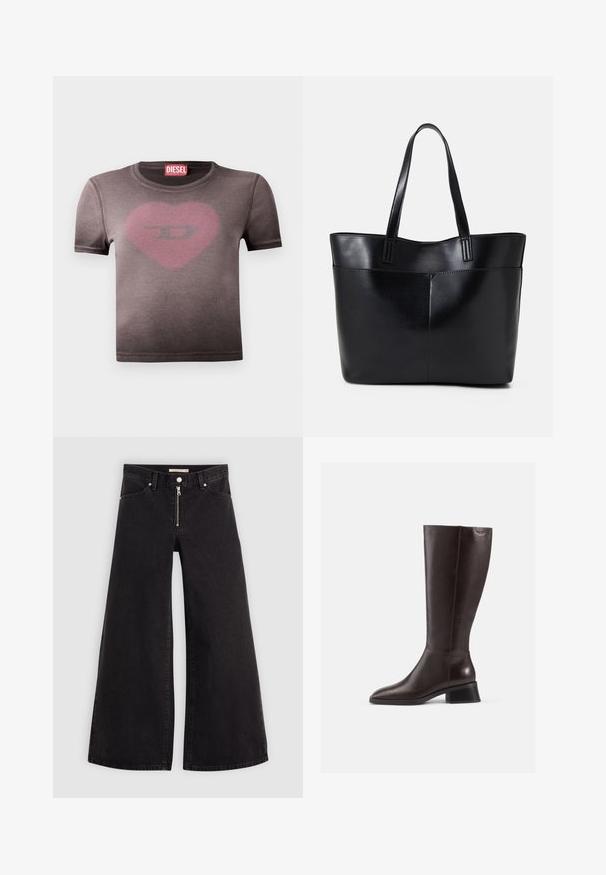 T-shirt cinza de mangas curtas com decote redondo, apresentando um gráfico de um coração pink desbotado e um logótipo ao centro. Feito de tecido de algodão macio.; Calças de ganga de perna larga em denim preto com fecho éclair à frente, design de cinco bolsos e detalhes de costura subtil. Textura suave e estilo casual.; Botas de couro castanho até ao joelho com um acabamento suave, bico redondo e um salto preto empilhado. Design simples com detalhes de hardware mínimos.; Bolsa tote preta em couro com duas alças longas, textura suave e forma estruturada. Apresenta um bolso frontal para armazenamento adicional.