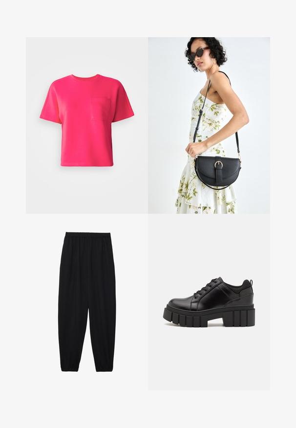 T-shirt de manga curta rosa brilhante, feita em algodão, com um bolso frontal e um decote redondo. Textura suave e ajuste descontraído.; Calças pretas, leves, com um cinto elástico e punhos franzidos. O tecido é suave e apresenta um design relaxado e afunilado.; Sapatos de plataforma em couro preto com um salto bloco robusto, bico redondo e design clássico de atacadores. Apresentam uma textura suave e detalhes mínimos.; Bolsa de couro preta com forma curva, alça destacável e detalhes em dourado. A bolsa possui uma aba com detalhe de fivela.