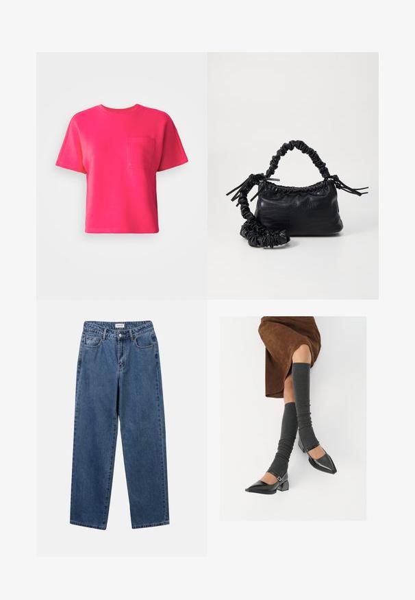 Svetlo ružové tričko s krátkym rukávom vyrobené z bavlny, s prednou vreckom a okrúhlym výstrihom. Hladká textúra a uvoľnený strih.; Klasické modré džínsy z denimu so strihom rovného strihu, piatimi vreckami a zapínaním na gombík. Majú stredné praním a pevnú textúru.; Čierne lakované kožené topánky s špicatou špičkou, blokovým podpätkom a členkovým remienkom, ktoré sú kombinované so šedými rebrovanými legínami a hnedou zamšovou sukňou.; Čierna umelá kožená kabelka s kroko vzorom, sťahovaným vrchom a zhnutým popruhom. Vyzerá mäkko a kompaktné v dizajne.