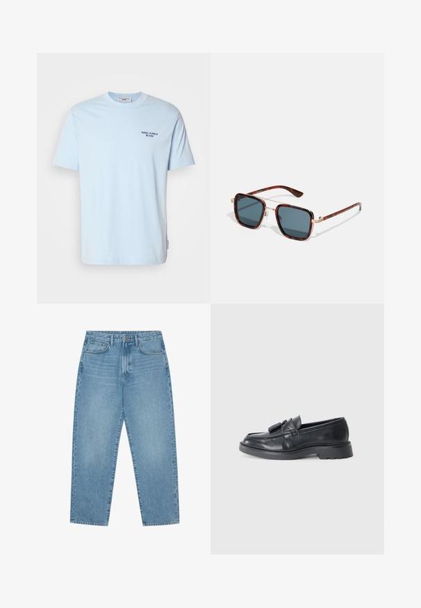 Ανοιχτό μπλε βαμβακερό μπλουζάκι με στρογγυλή λαιμόκοψη, με κοντά μανίκια και μια μικρή σκούρα εκτύπωση που λέει "MARC O’POLO DENIM" στο στήθος.; Ανοιχτό γαλάζιο τζιν παντελόνι με φαρδιά πόδια και ψηλή μέση, διαθέτει πέντε τσέπες, θηλιές ζώνης και απαλό, ελαφρώς ξεθωριασμένο υλικό.; Μαύρα δερμάτινα loafers με στρογγυλή μύτη, λουράκι με φούντες και χοντρή σόλα με μοτίβο ανάγλυφου. Λείος υφή και κλασικός σχεδιασμός.; Γυαλιά ηλίου από καβούκι χελώνας με σκούρους γκρι φακούς, τετράγωνη μορφή, χρυσά μεταλλικά στοιχεία και λεπτούς βραχίονες με χαρακτηριστικές ριγωτές λεπτομέρειες.