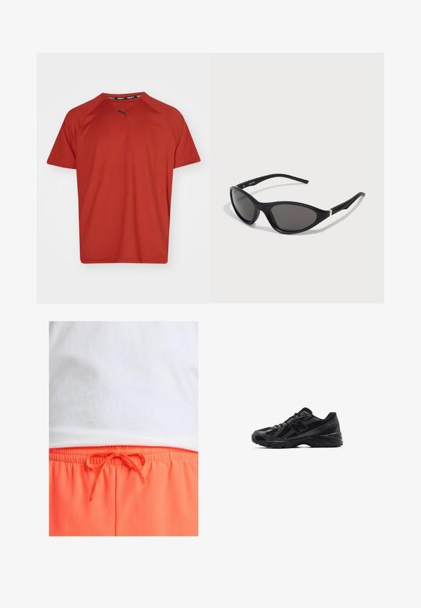 Rode sportieve T-shirt met korte mouwen, een ronde halslijn, platte naden en een klein logo op de borst voor extra detail. Lichtgewicht materiaal.; Witte katoenen t-shirt boven fel oranje shorts met een trekkoord tailleband. De shorts hebben een geraffineerde elastische band en een strik.; Zwarte sportieve schoenen met een bovenwerk van mesh en synthetische overlays, voorzien van een gestructureerde zool en reflecterende accenten voor zichtbaarheid.; Zwarte cat-eye zonnebril met elegante, matte monturen, donkere lenzen en zilveren accenten op de slapen. Modern ontwerp met een scherpe vorm.