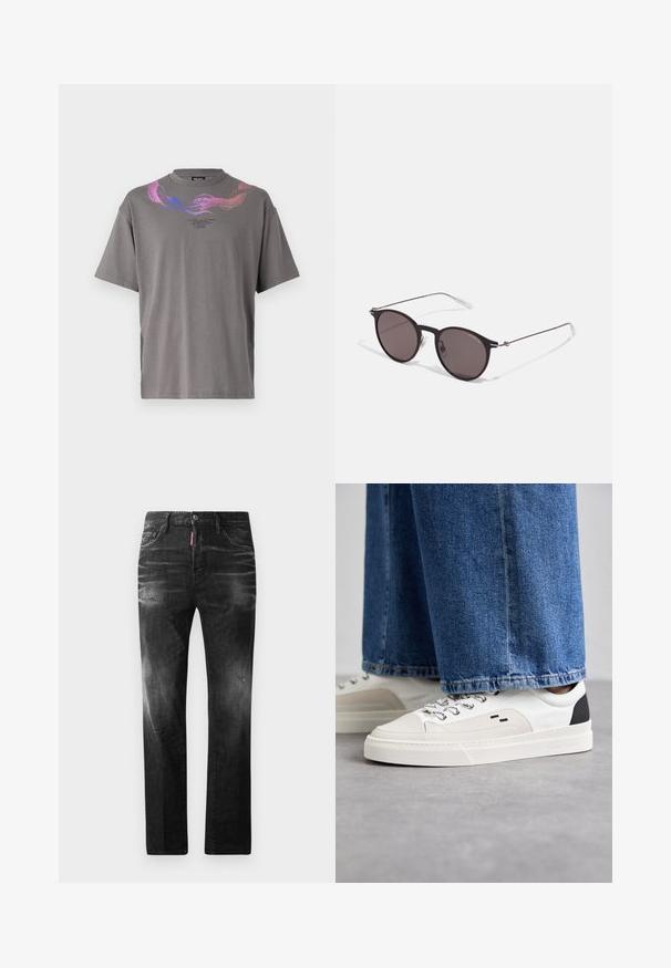 PHOBIA ARCHIVE CIRCLE SNAKE PRINT AND METAL LABEL - T-shirt con stampa - stone wash; Jeans in denim nero con vestibilità dritta. Presentano aree sbiadite, leggeri segni di usura, classico design a cinque tasche e chiusura con bottone.; Sneaker bianche e nere con parte superiore in pelle liscia, dettagli testurizzati e suola bianca spessa. Presentano un classico design con lacci.; Occhiali da sole neri rotondi con lenti scure e sottili bracci in metallo. Include punte trasparenti e accenti argentati alla cerniera. Design minimalista.