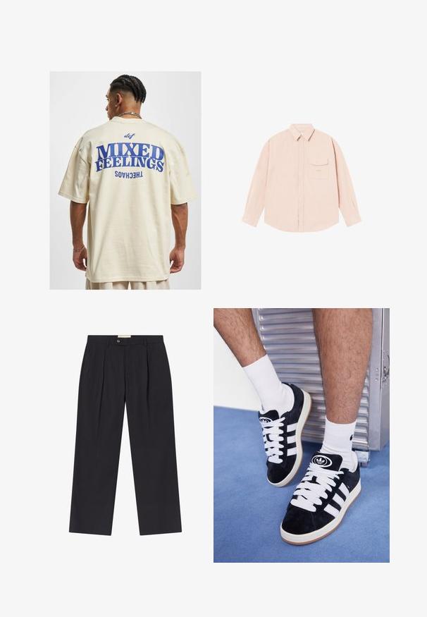 DEF MIXED - Print T-shirt - beige; Light pink long-sleeve shirt made of soft fabric, featuring a button-down collar, front pocket, and subtle embroidered logo on the chest.; Tailored dark navy trousers with a high waist, two front pleats, button closure, and straight legs in smooth fabric.; Black suede sneakers with white laces and three white stripes. Features a circular black logo on the tongue and a gum rubber sole.